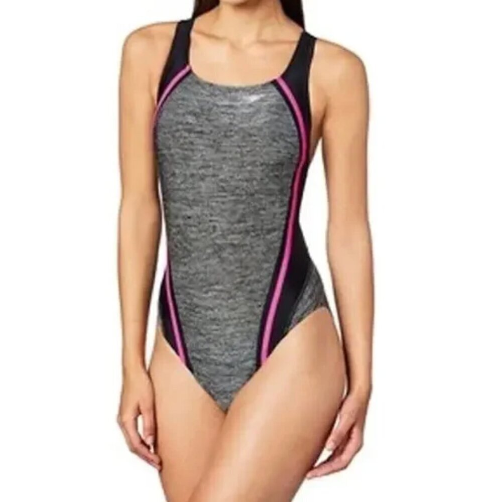 Speedo Heathered Quantum Splice Endurance One Piece Swimsuit S Gray Pink
